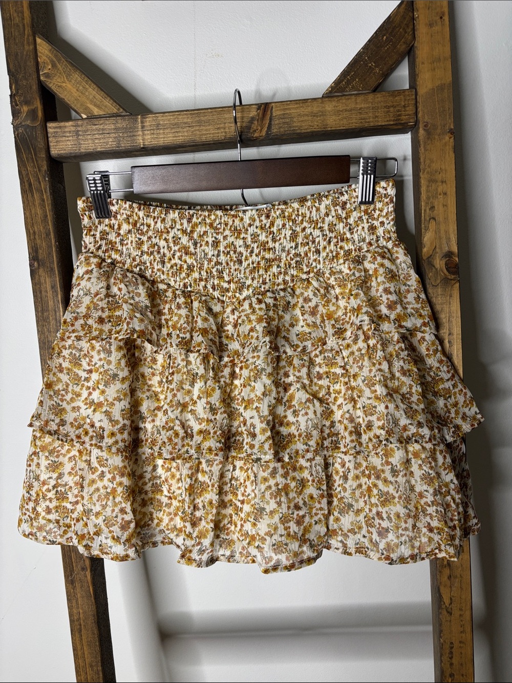 Altar'd State White & Mustard Floral Smocked Tiered Mini Skirt Size M
